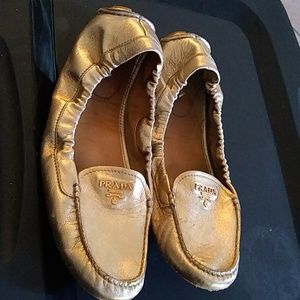 Prada gold metallic scrunchies driving shoes